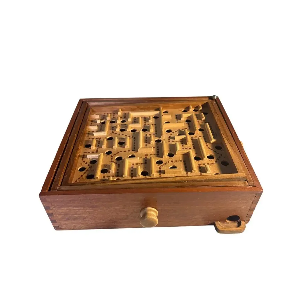 Vintage Wooden Labyrinth Tilt Maze Game 60 Hole Marble Skill Puzzle Wood